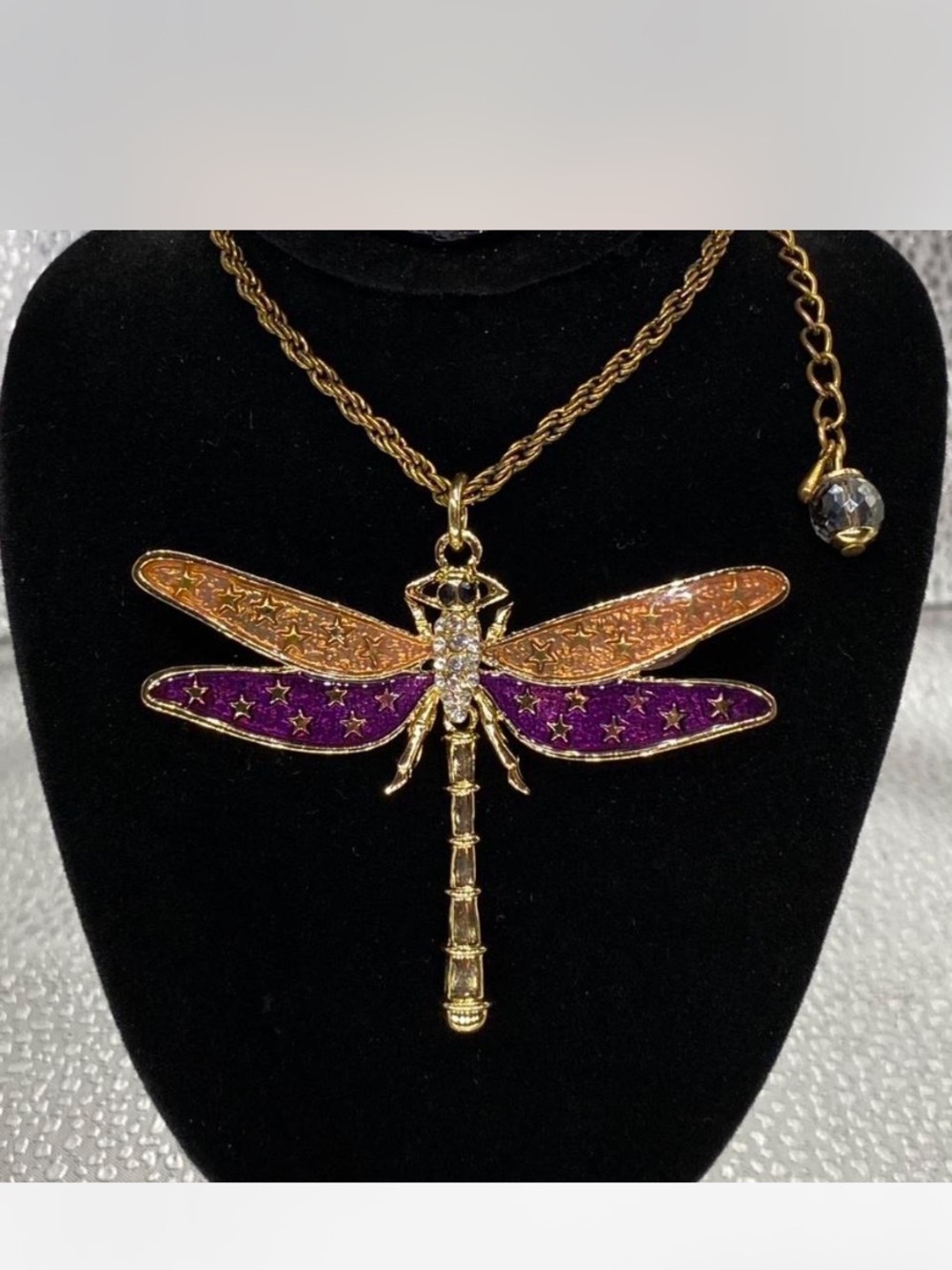 *** 3d Mobile ^^^ Dragonfly Pendant Necklace  *** Purple “ Orange Enamel ^*^